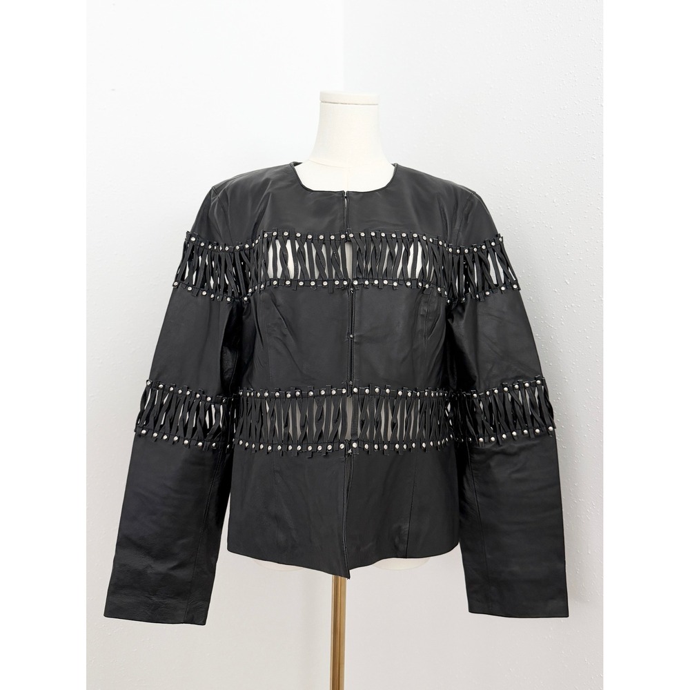 Pamela McCoy Y2K Black Leather Cage Braided Biker Jacket Western Studded Goth L